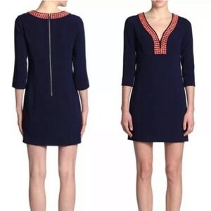 Lilly Pulitzer Bennett Shift Navy & Coral Beaded V- Neck 3/4 Sleeve Dress,Size 4